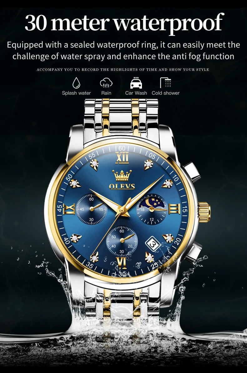 OLEVS 2858 Men's Watches Stainless Steel Waterproof Anti-Scratch Moon Phase Luminous Chronograph Luxury Quartz Men's Wristwatch