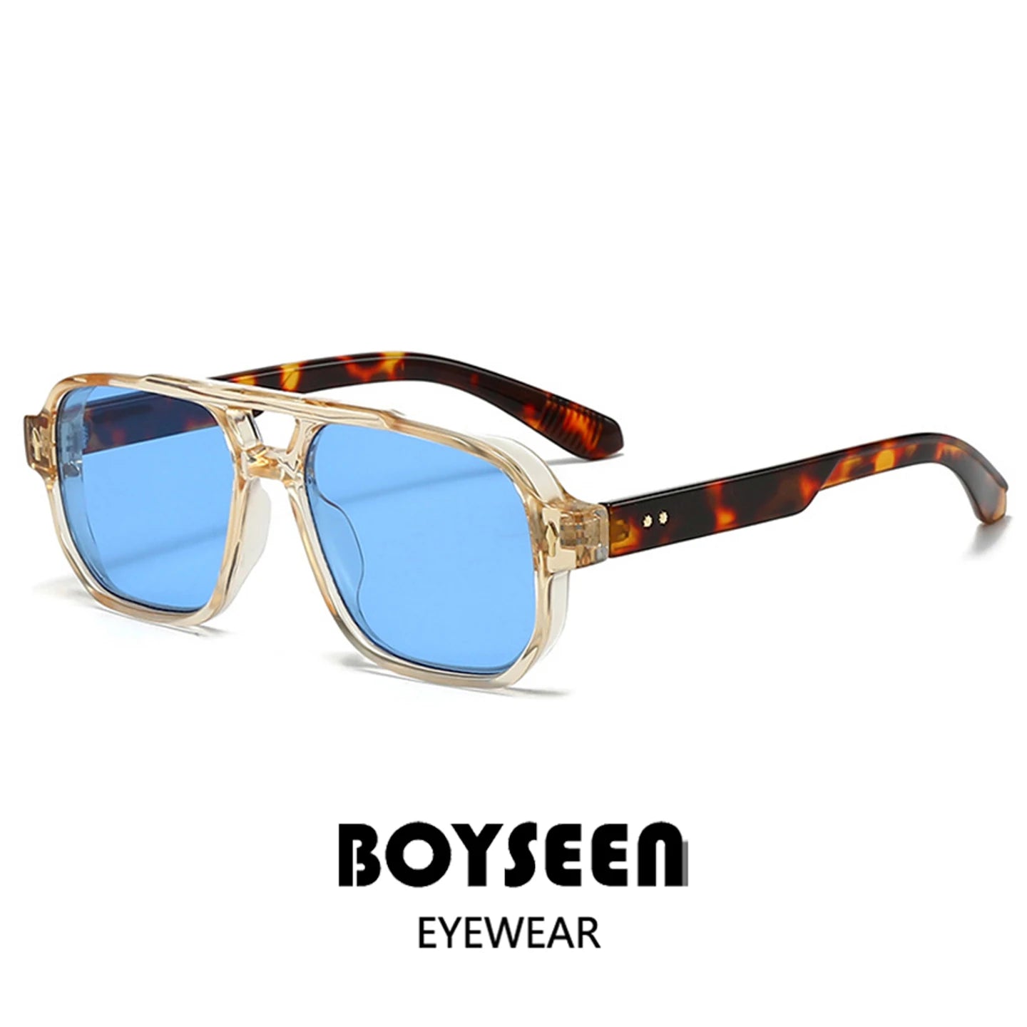 Vintage Double Bridges Men Square Sunglasses Fashion Green Ocean Lens UV400 Eyewear Women Trending Rivets Sun Glasses
