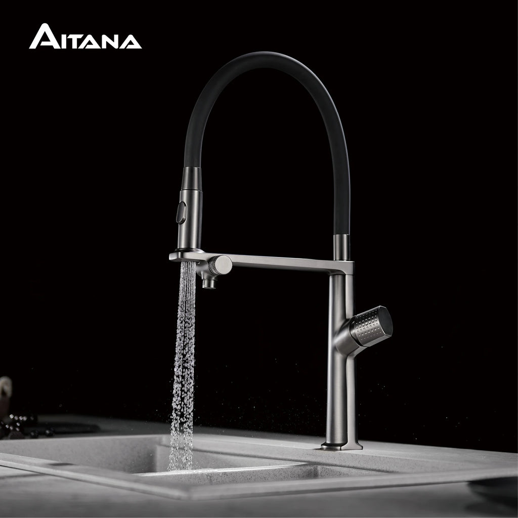Luxury Gun Gray Brass Kitchen Faucet 1 Hole Double Handle Cold and Hot Dual Control, with Filtered Water Two Function Sink Tap