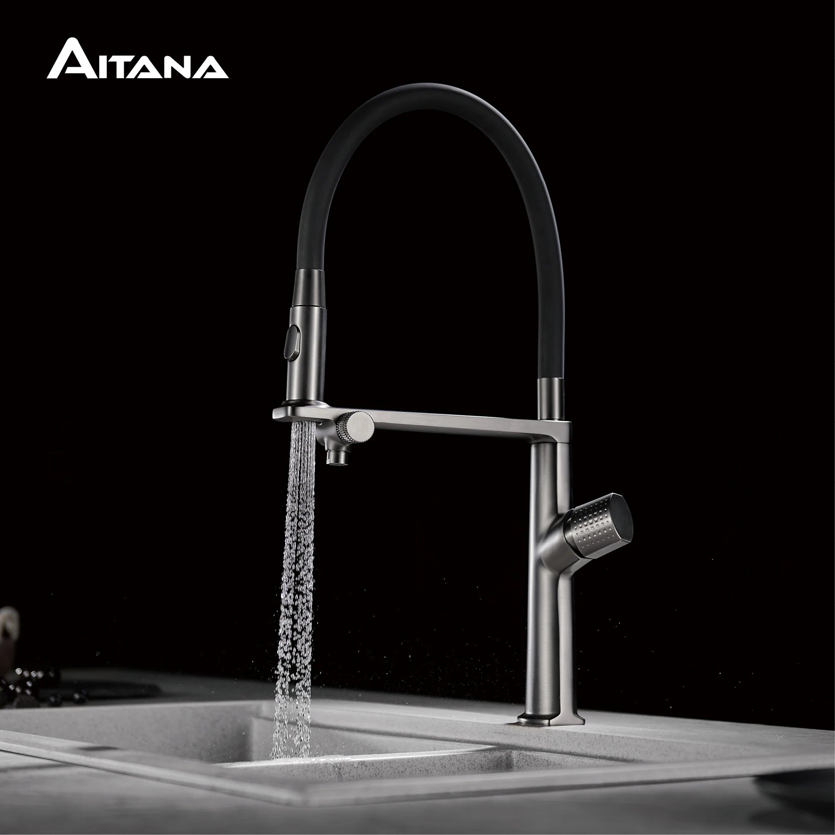 Luxury Gun Gray Brass Kitchen Faucet 1 Hole Double Handle Cold and Hot Dual Control, with Filtered Water Two Function Sink Tap
