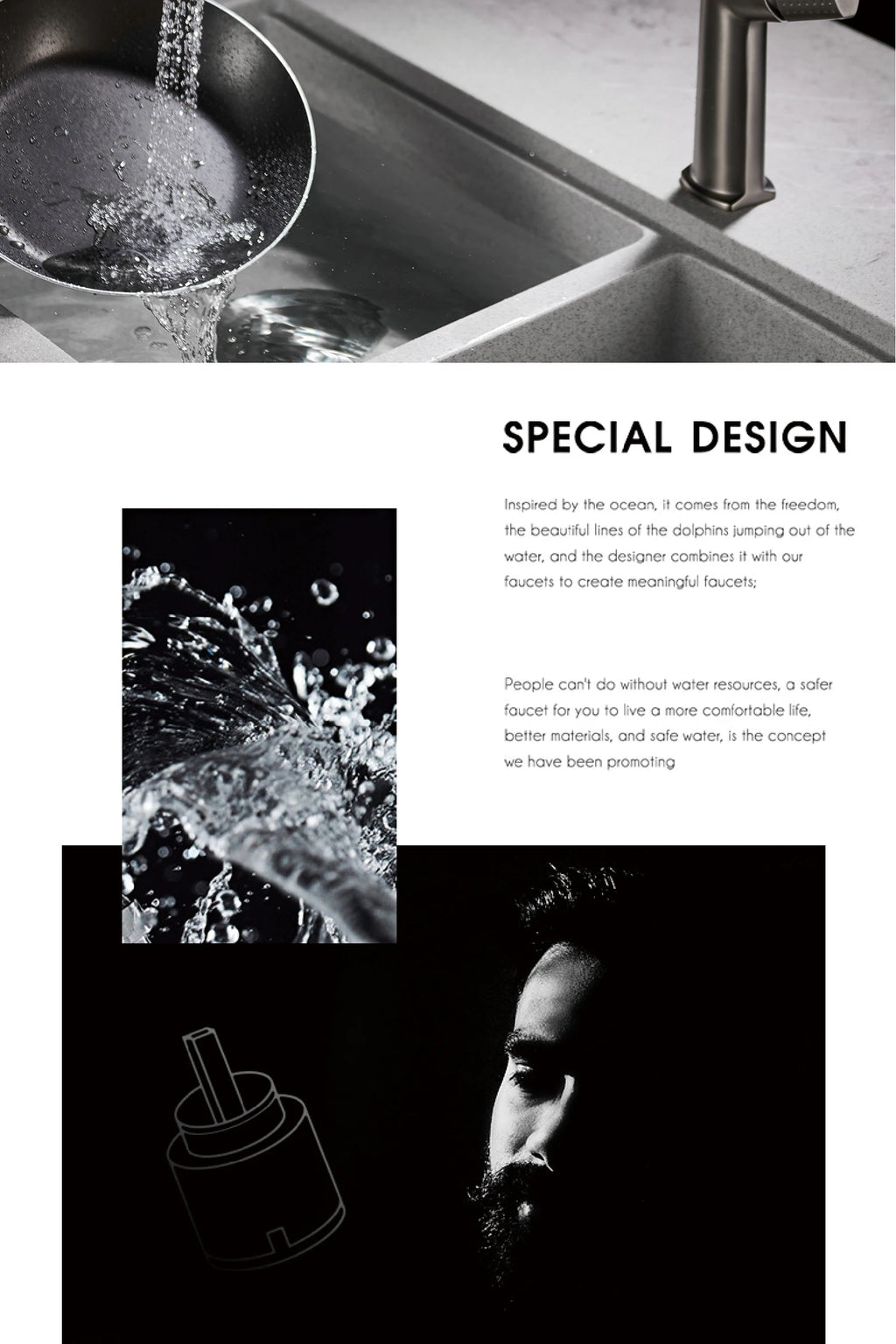 Luxury Gun Gray Brass Kitchen Faucet 1 Hole Double Handle Cold and Hot Dual Control, with Filtered Water Two Function Sink Tap