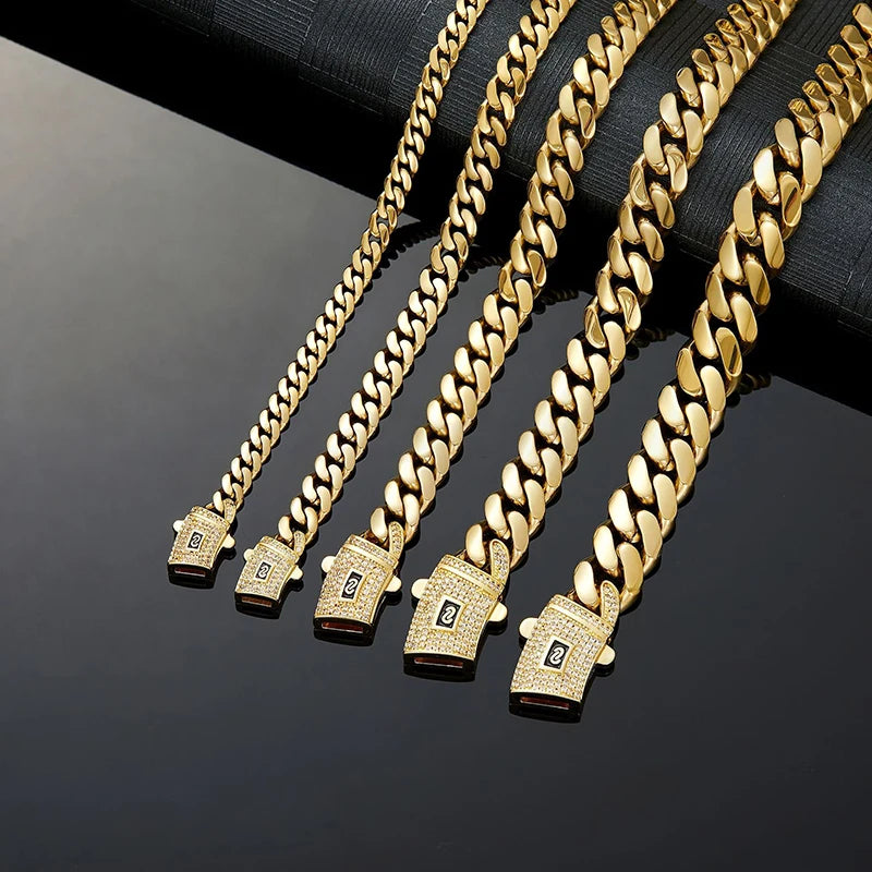 6-14mm Vacuum Plating Gold Color Stainless Steel Flat Cuban Miami Link Chains Necklaces for Men Hip Hop Rapper jewelry