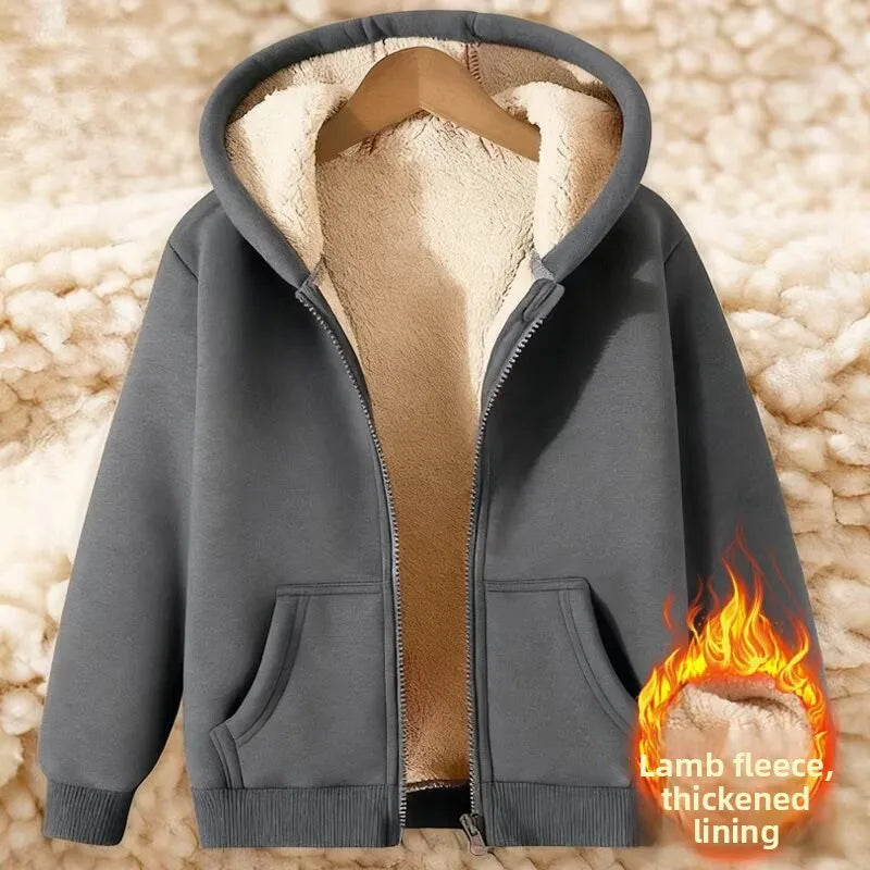 Thickened Lamb Velvet Hooded Cardigan Pure Color Oversize Sweatshirt Men Women Korean Style Winter Warm Casual Outerwear