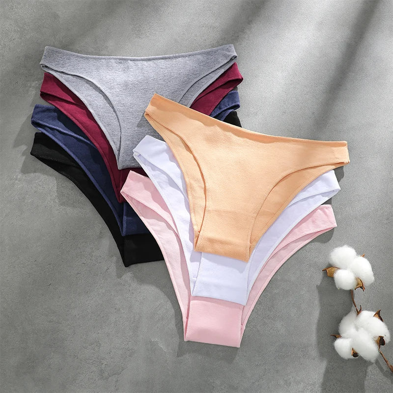 4Pcs Women Cute Printed Bikini Panties Low V Waist Cotton Panties Heart Cherry Lip Print Solid Color Female Breathable Briefs