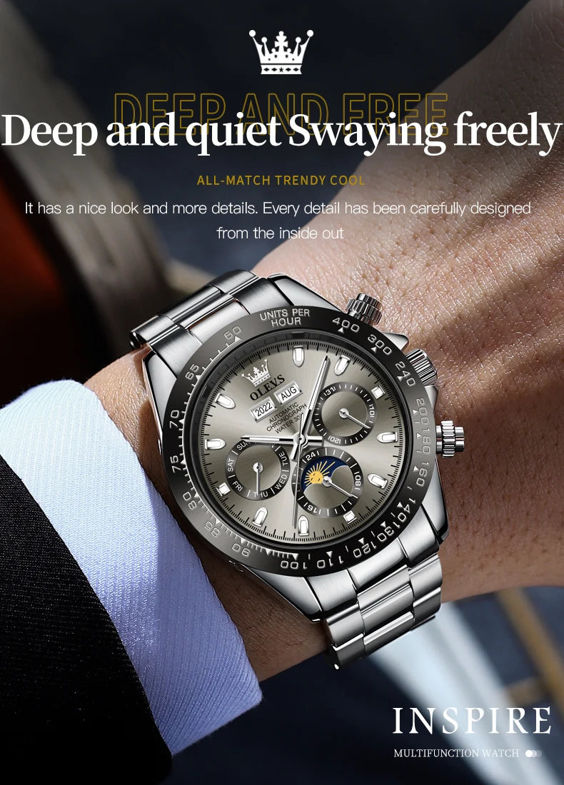OLEVS 6654 Luxury Men's Automatic Mechanical Watch Original Stainless Steel Waterproof Moon Phase Chronograph Brand Men Watch