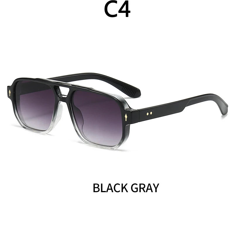 Vintage Double Bridges Men Square Sunglasses Fashion Green Ocean Lens UV400 Eyewear Women Trending Rivets Sun Glasses