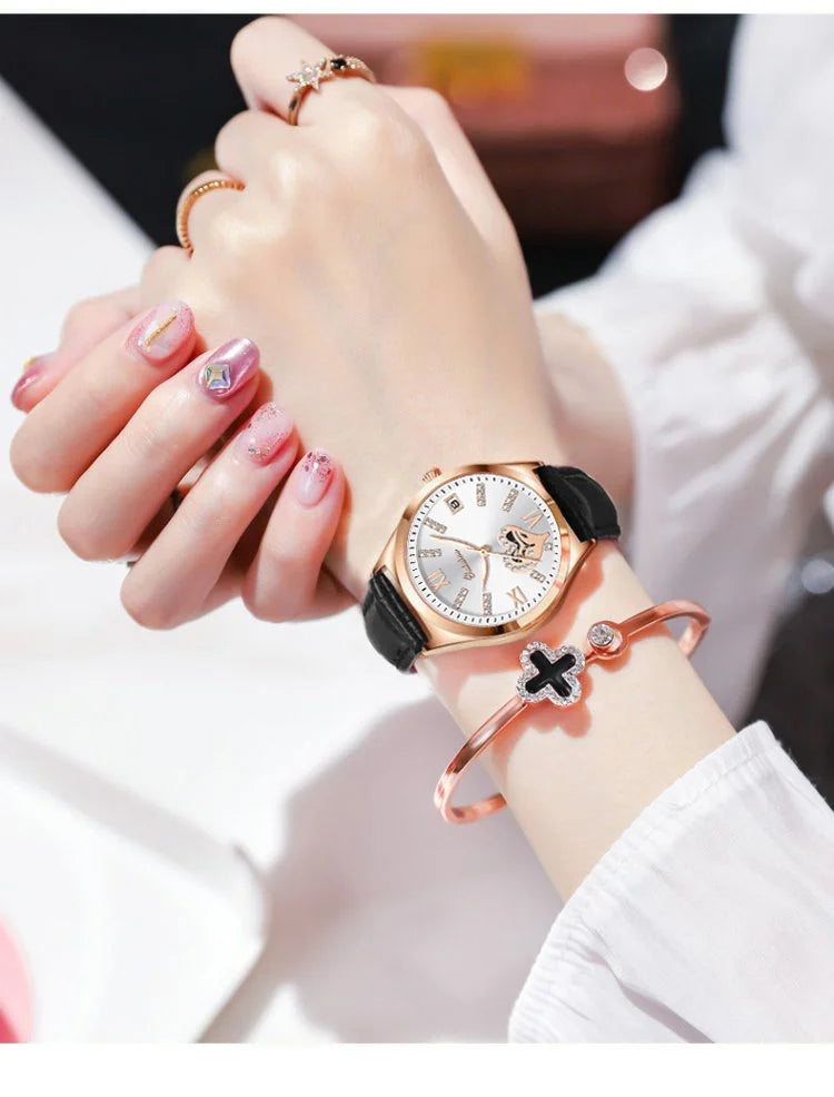 RUIXINE Fashion Woman Watches Waterproof Luminous Date Leather Quartz Wristwatch Elegant Dress Ladies Watch For Woman's Gift