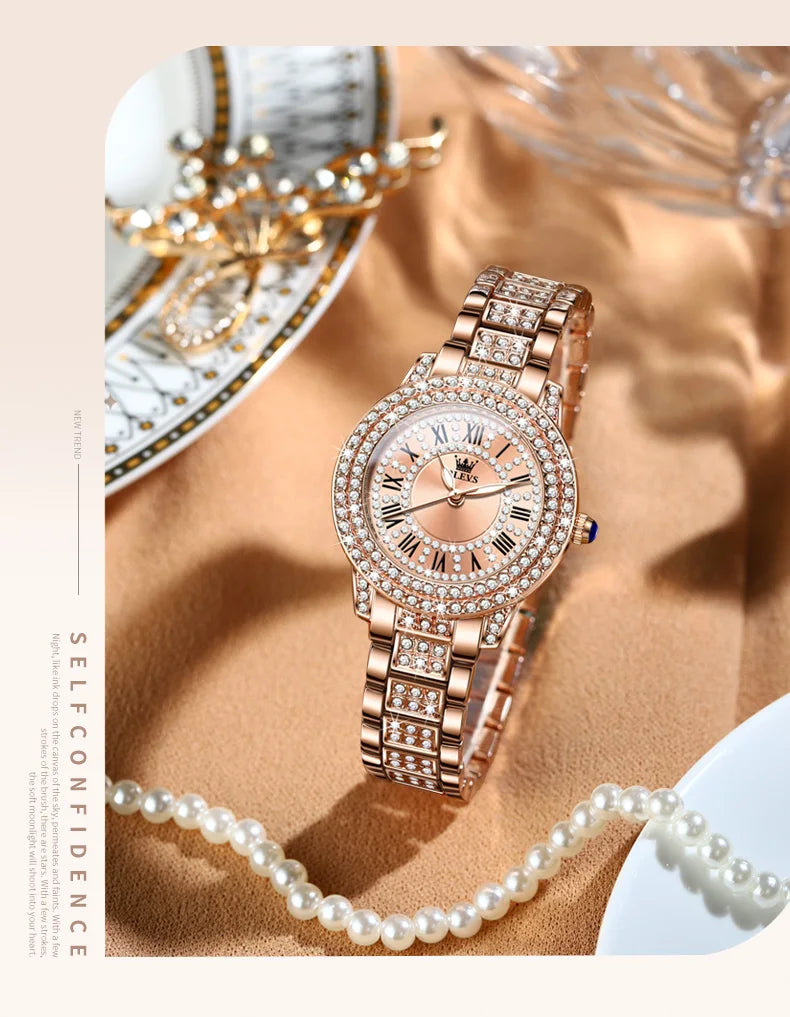 OLEVS 9943 Luxury All Diamond Original Quartz Watch for Women Elegant Rose Gold Stainless Steel Waterproof Ladies Wrist Watches