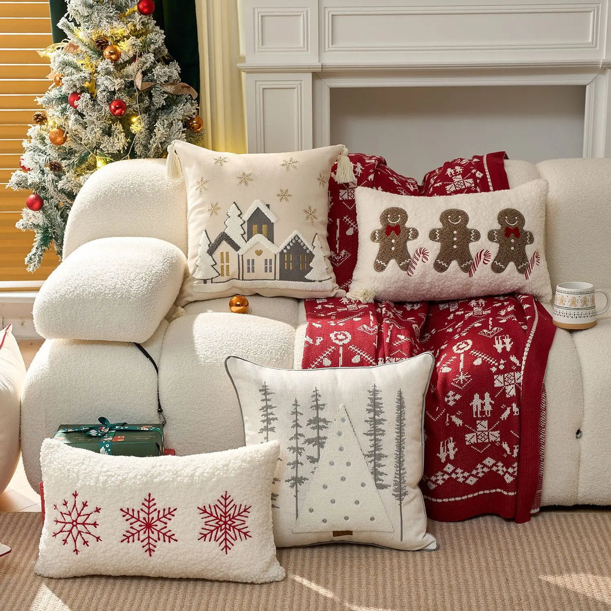 Embroidered Merry Christmas Holiday Red Throw Pillow Case Cover Decorative Sofa Cushion Covers for Home Xmas Party Decor