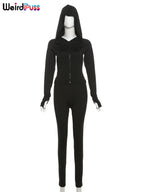 Weird Puss Sporty Casual 2 Piece Set Women Tracksuit Hooded Zip Crop Tops+Leggings Fitness Soft Stretch Streetwear Activity Suit