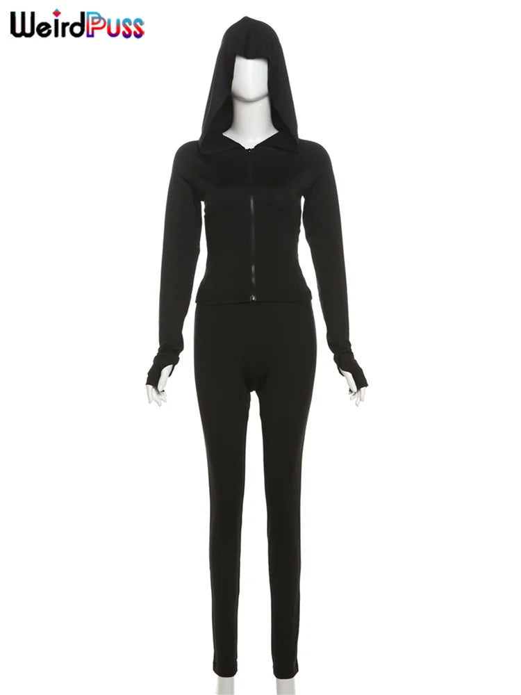 Weird Puss Sporty Casual 2 Piece Set Women Tracksuit Hooded Zip Crop Tops+Leggings Fitness Soft Stretch Streetwear Activity Suit