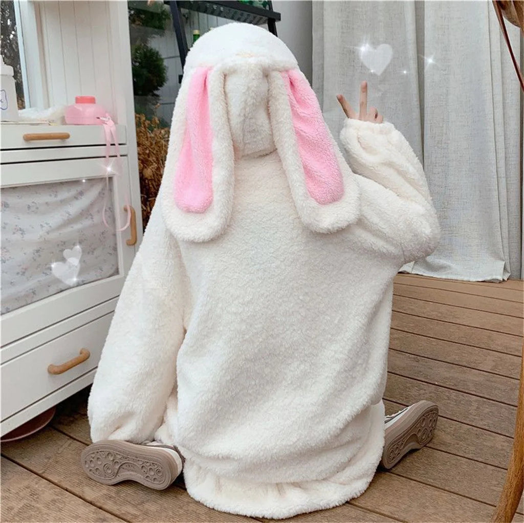 Winter Hoodies Warm Kawaii Rabbit Ears Women Sweatshirt Girl Lolita Hooded Zip-up Casual Sweatshirts Harajuku Hoodie Long Sleeve