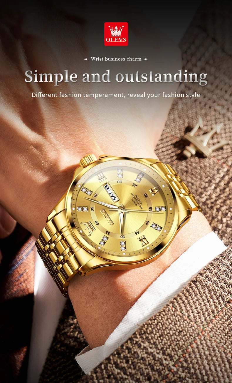 OLEVS Brand Watch Steel Band Stereo Dial Double Calendar Quartz Watch Waterproof Men's Watch 3620