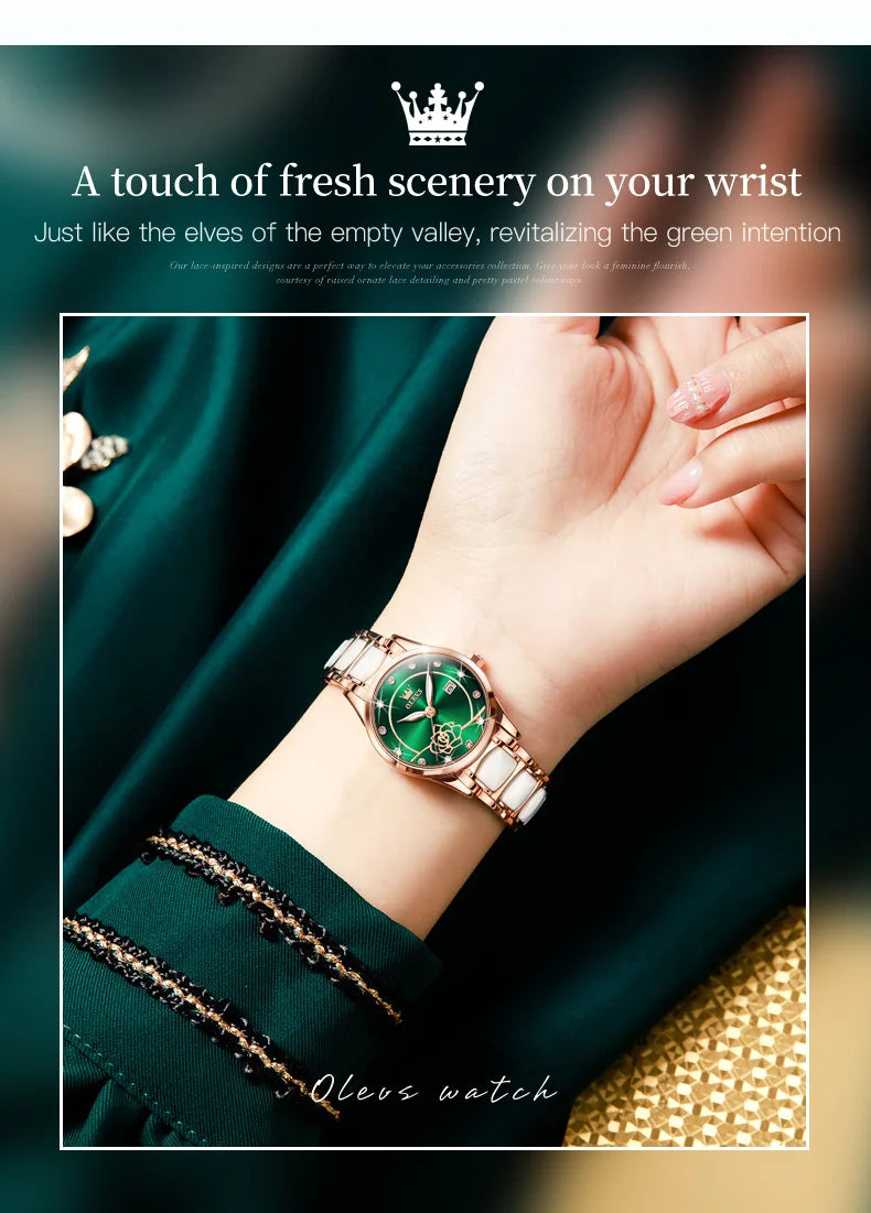 OLEVS Quartz Watch Women Japan Movement Waterproof Stainless Steel Ceramics Women Wristwatch Luxury Ladies watch Set Hot