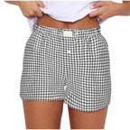 Youthful Summer Women's Casual Plaid Shorts Teenage Girls Elastic Waistband Lace-Up Classic Versatile Fashionable Summer Shorts