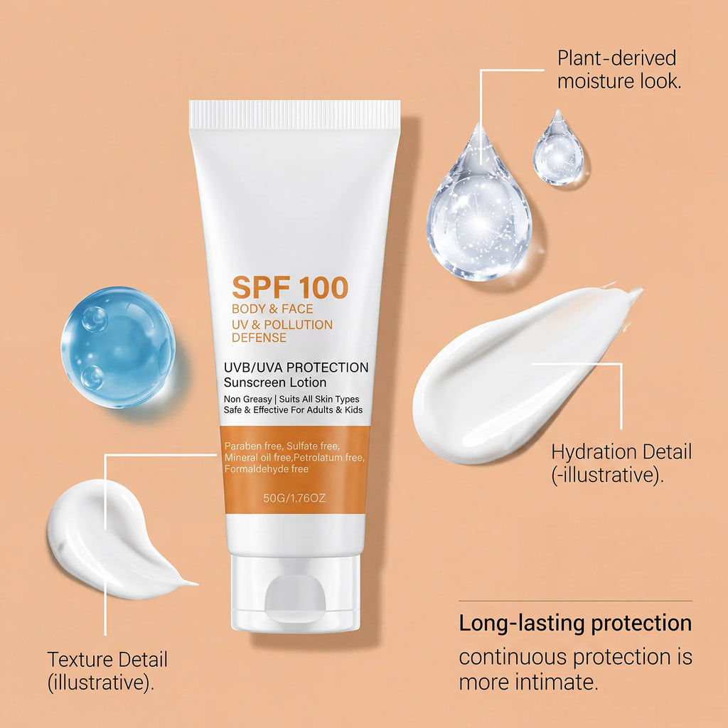 SPF 100 Sunscreen Instant Sun Protect Broad Spectrum UVA & UVB Protection Wateproof Non-Greasy Sunblock For Beach Outdoor Sports