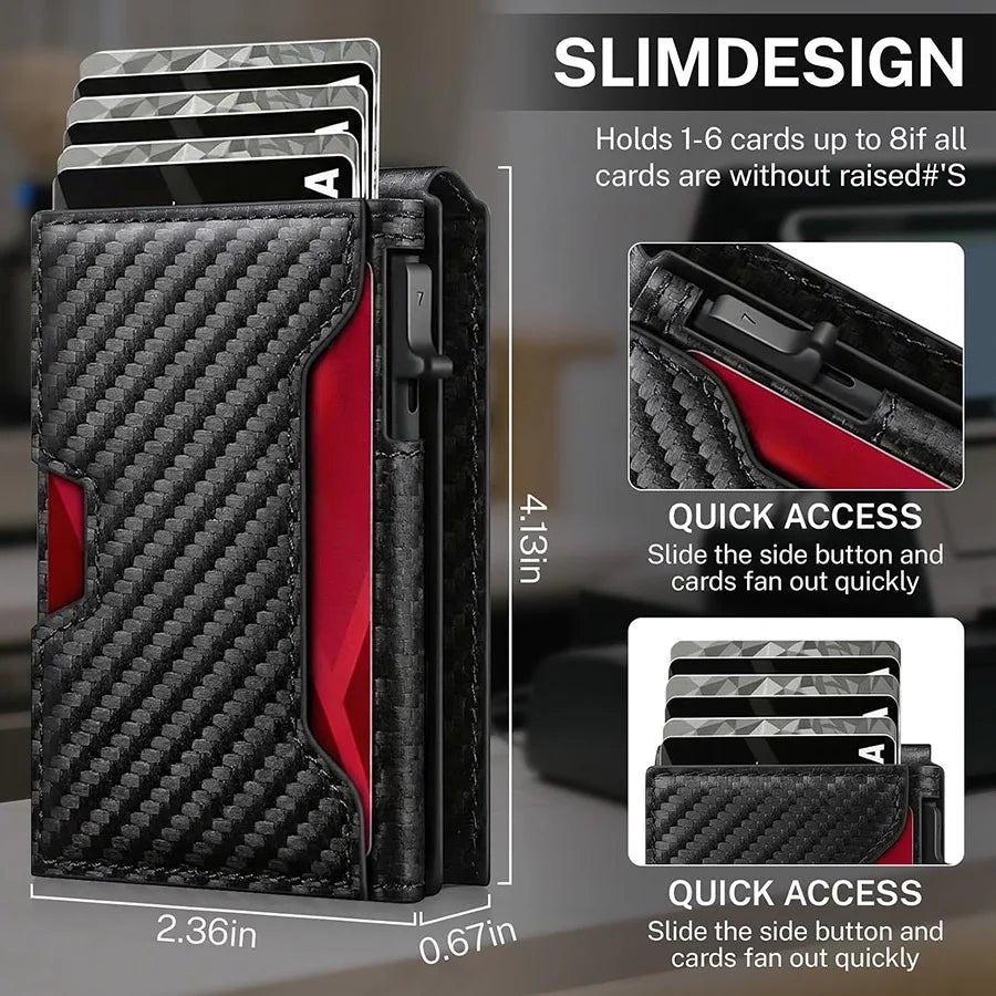 Men Carbon Fiber RFID Pop‑Up Credit Card Holder Magnetic Closure Slim Wallet With ID Window External Card Pocket