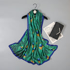 Green Peacock Feather Hijab Summer Beach Pareo Silk Scarf Women Luxury Bandana Soft Long Foulard Femme Designer Bufandas Mujer