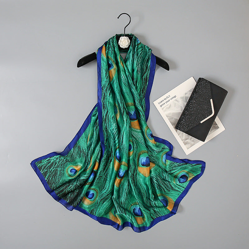 Green Peacock Feather Hijab Summer Beach Pareo Silk Scarf Women Luxury Bandana Soft Long Foulard Femme Designer Bufandas Mujer