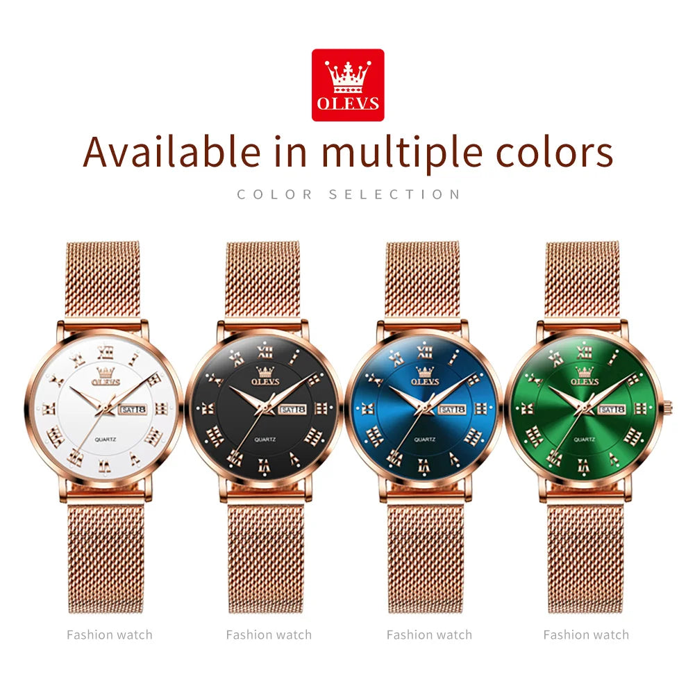 OLEVS 2920 Women's Watch Fashion Original Date Week Display Mesh Strap Roman Dial Luminous Ladies Quartz Wristwatch