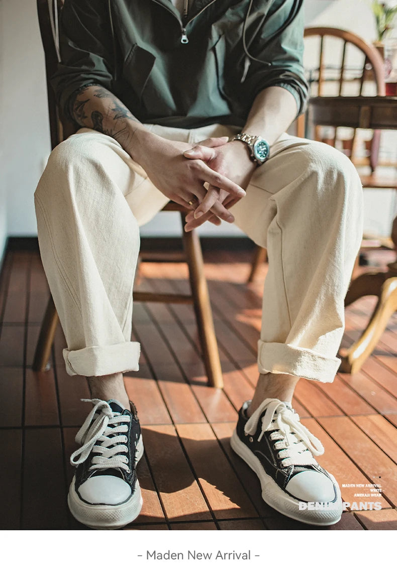 Maden Vintage 11.2oz White Cottonseed Hull Jeans Casual Loose Fit Straight Trousers for Men's Spring and Fall Chino Cargo Pants