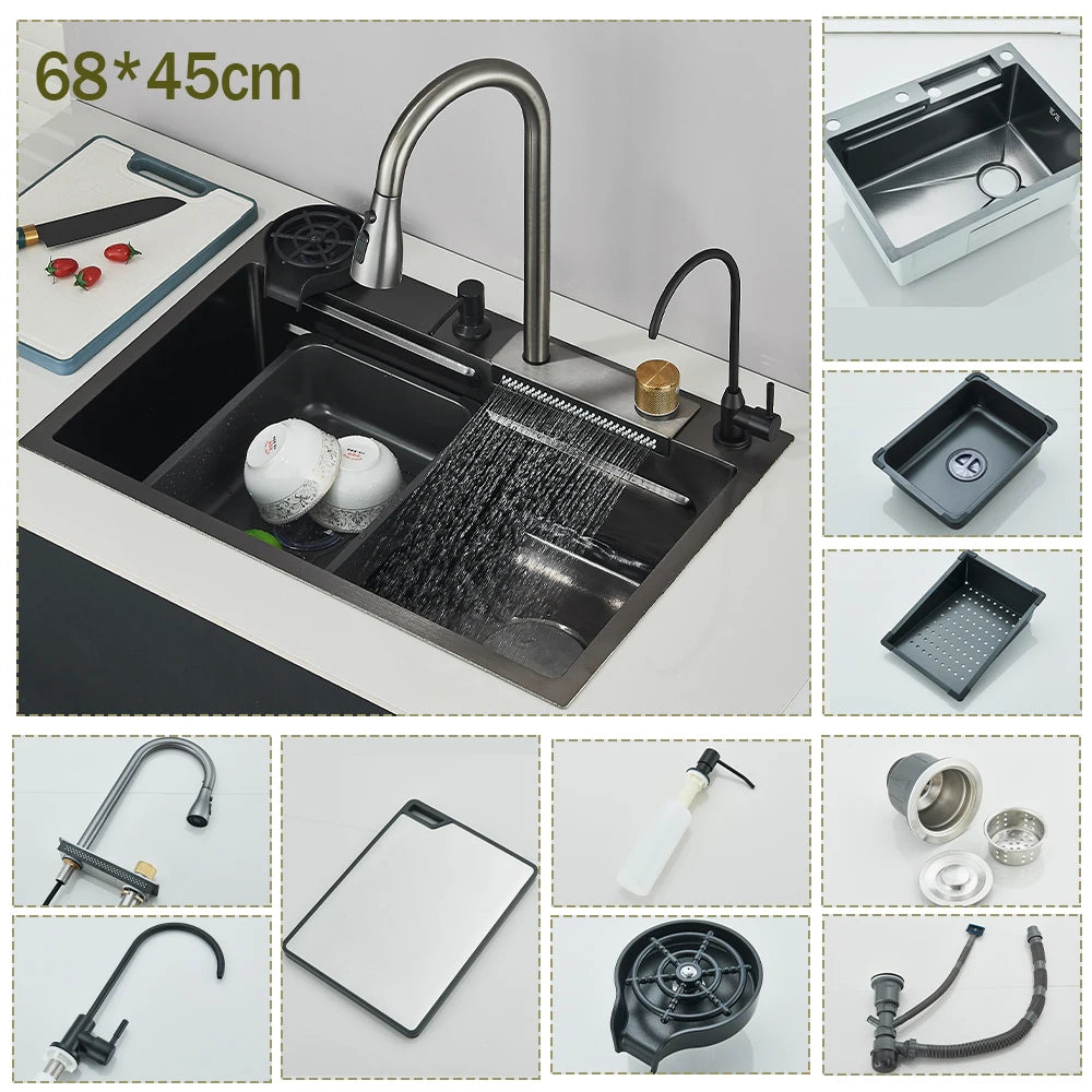 304 Stainless Steel Waterfall Kitchen Sink Large Single Slot Integrated Faucet Set Soap Dispenser/Pure Water/Cup Washer