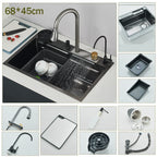 304 Stainless Steel Waterfall Kitchen Sink Large Single Slot Integrated Faucet Set Soap Dispenser/Pure Water/Cup Washer