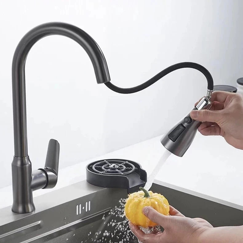 Kitchen Faucet Pull-Out Spray Head 360 Degree Rotation Hot and Cold Water Pull-Out Black and Silver Single Hole Kitchen Faucet