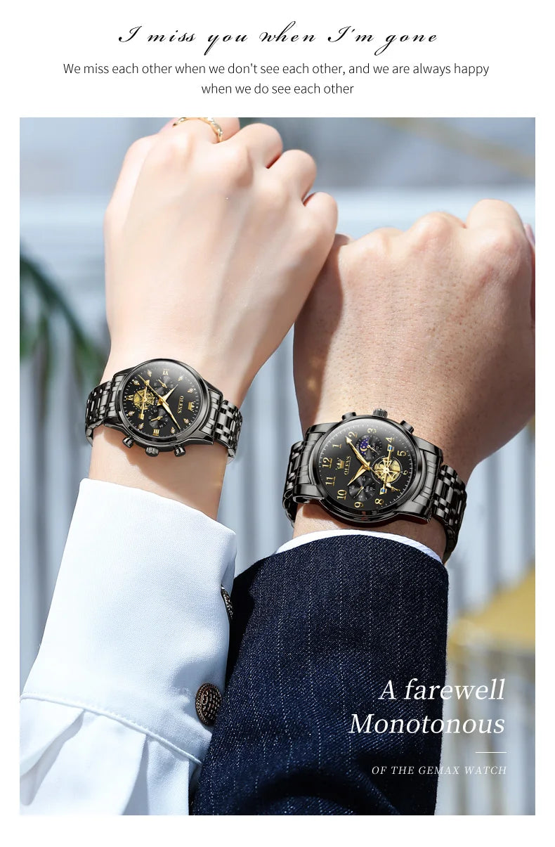 OLEVS Brand 2025 New Luxury Tourbillon Couple Quartz Watch Stainless Steel Waterproof Luminous Fashion Moon Phase Watches Lovers