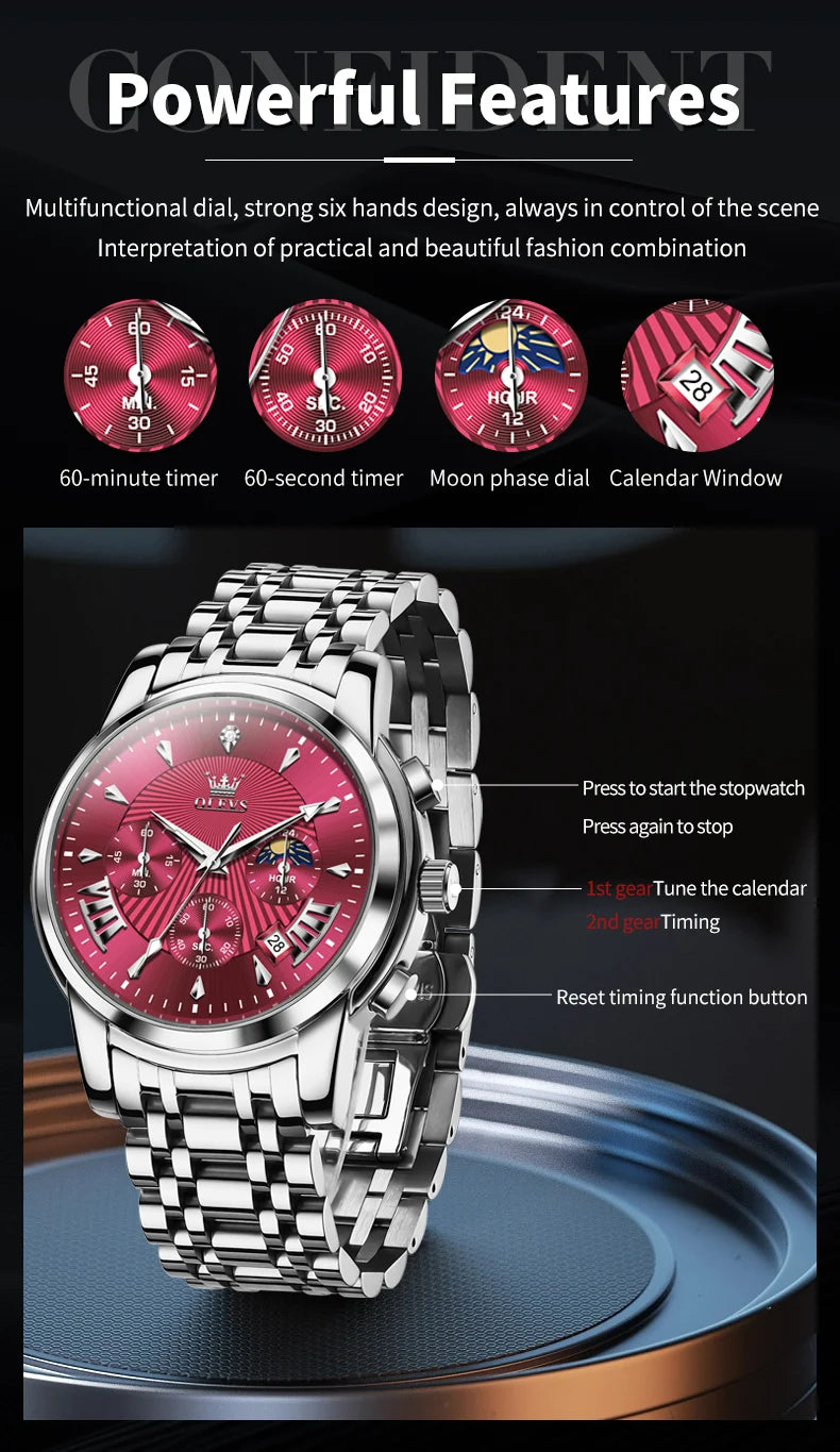 OLEVS 2892 Mens Watch Original Business Quartz Watch Moon Phase Multifunctional Chronograph Watches For Men With Box Reloj New
