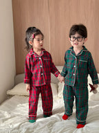 Merry Christmas Kids Pure Cotton Pajamas Set Plaid Print Turn-down Collar Button Shirt Trousers 2 Pieces Suit Homewear Xmas Look