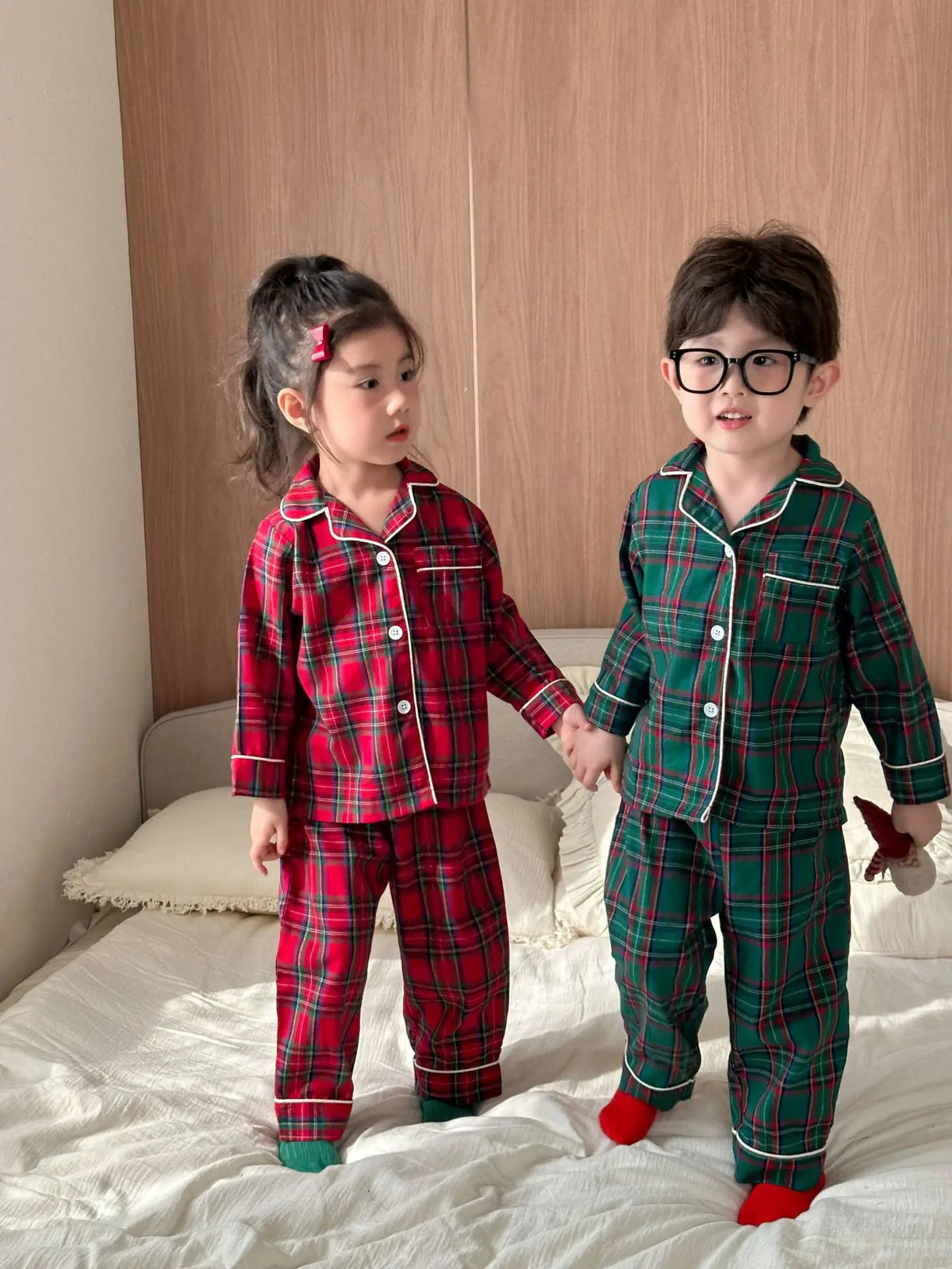 Merry Christmas Kids Pure Cotton Pajamas Set Plaid Print Turn-down Collar Button Shirt Trousers 2 Pieces Suit Homewear Xmas Look