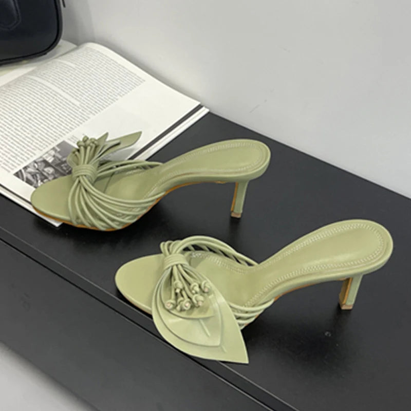 Liyke Designer Women Green Leaf Narrow Band Summer Slipper Sandal Street Fashion Open Toe Mules Thin Low Heels Party Dress Shoes