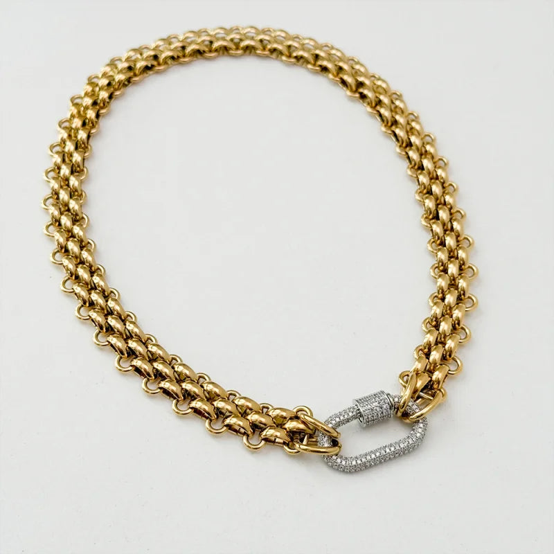 Waterproof 18k Gold Plated Stainless Steel Hypoallergenicity Three Layer Braided Chain Zircon Clasp Necklace YF3811
