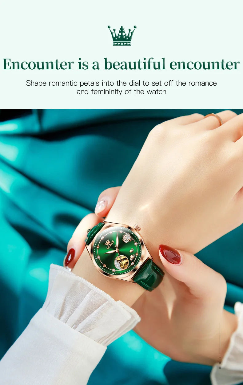 OLEVS 6601 Green Leather Strap Women Watch Automatic Mechanical Movement Waterproof Diamond Fashion Watch