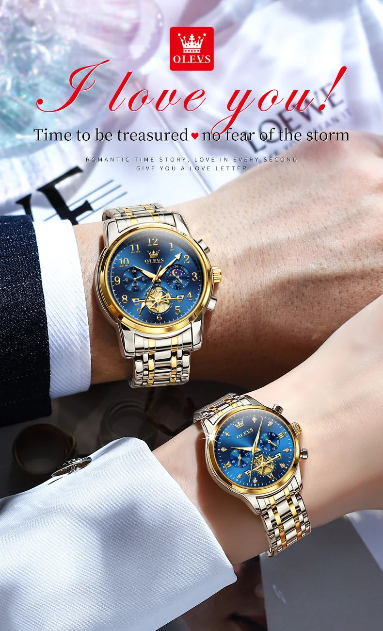OLEVS Brand 2025 New Luxury Tourbillon Couple Quartz Watch Stainless Steel Waterproof Luminous Fashion Moon Phase Watches Lovers
