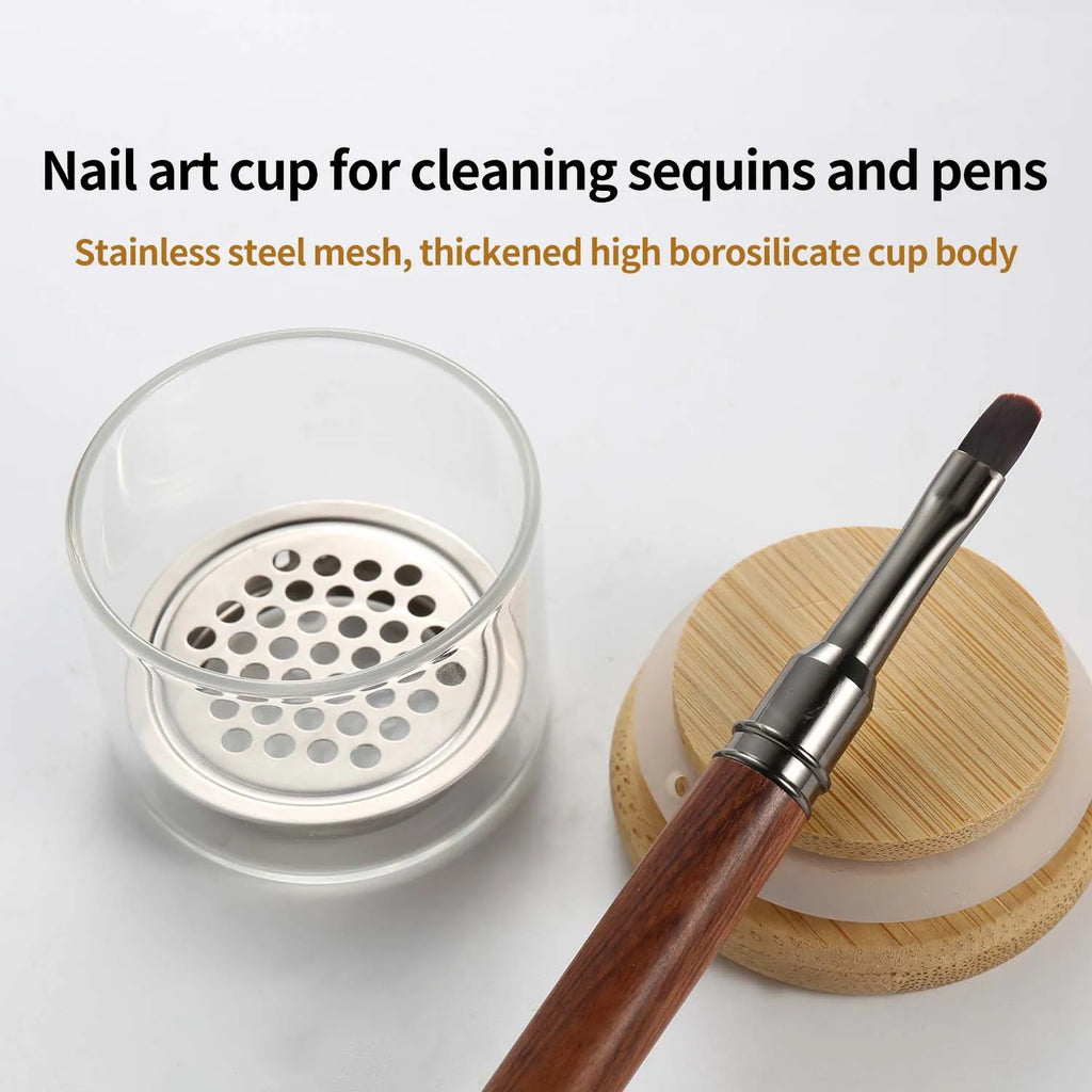 Nail Brush Cleaner Cup Wash Pen Brush Cup with Stainless Steel Mesh Base Nail Drill Bits Cleaning Container Crystal Glass Cup