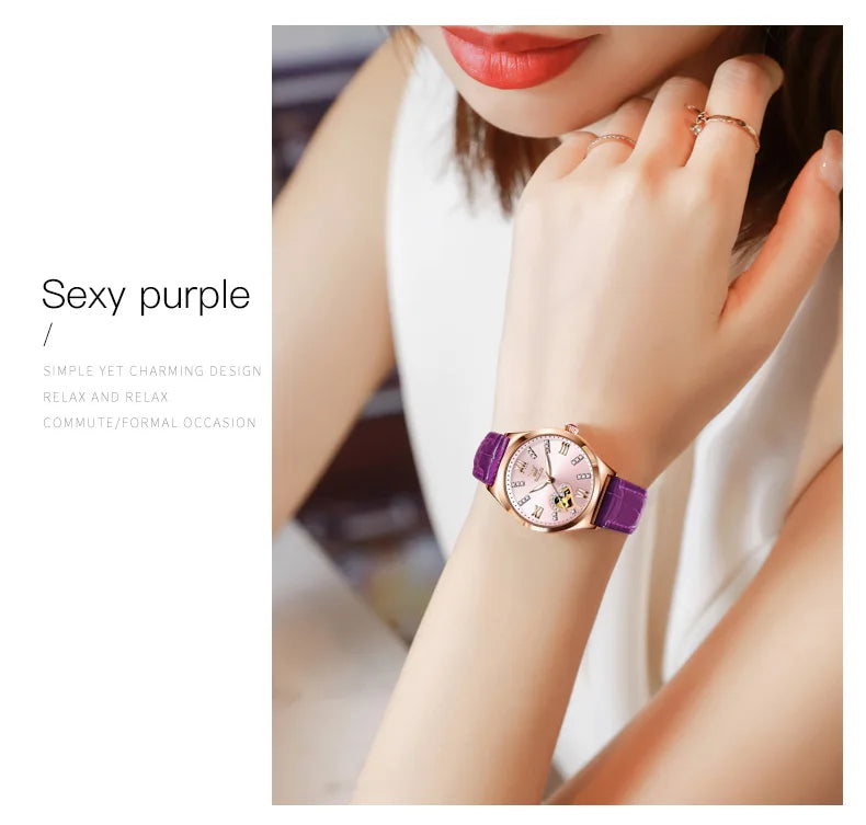 OLEVS Brand 2024 New Fashion Hollow Mechanical Watch for Women Luxury Stainless Steel Strap Waterproof Luminous Womens Watches