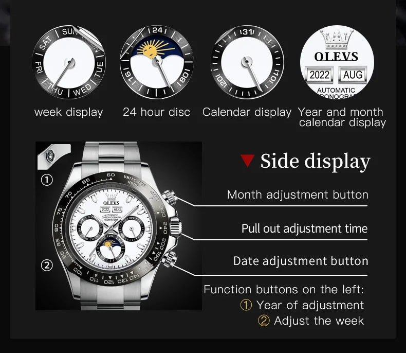 OLEVS 6654 Luxury Brand Automatic Mechanical Watch for Men 30m Waterproof Luminous Chrono Moon Phase Calendar Original Man Watch