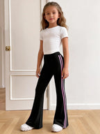 Trendy Girls 1Pcs Y2K Casual Bell Bottoms, Elastic High Waist Dual Pink Side Stripe Slim Flare Leg Pants for Street Campus Daily