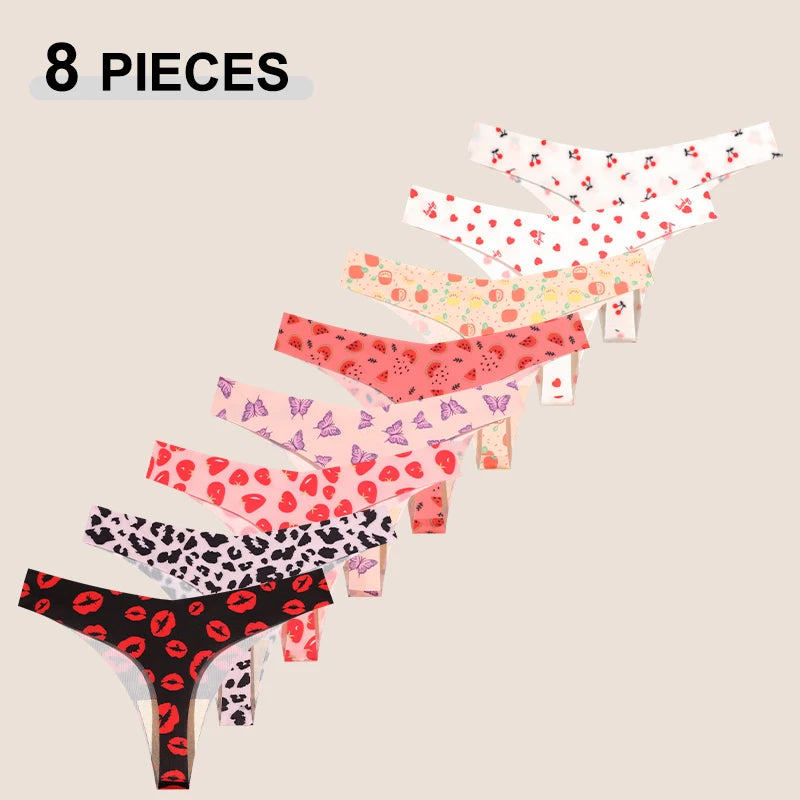8Pcs/Set Traceless Ice Silk Low Waist Panties For Women Sexy Butterfly Leopard Print Thongs Underwear Ladies Breathable Lingerie