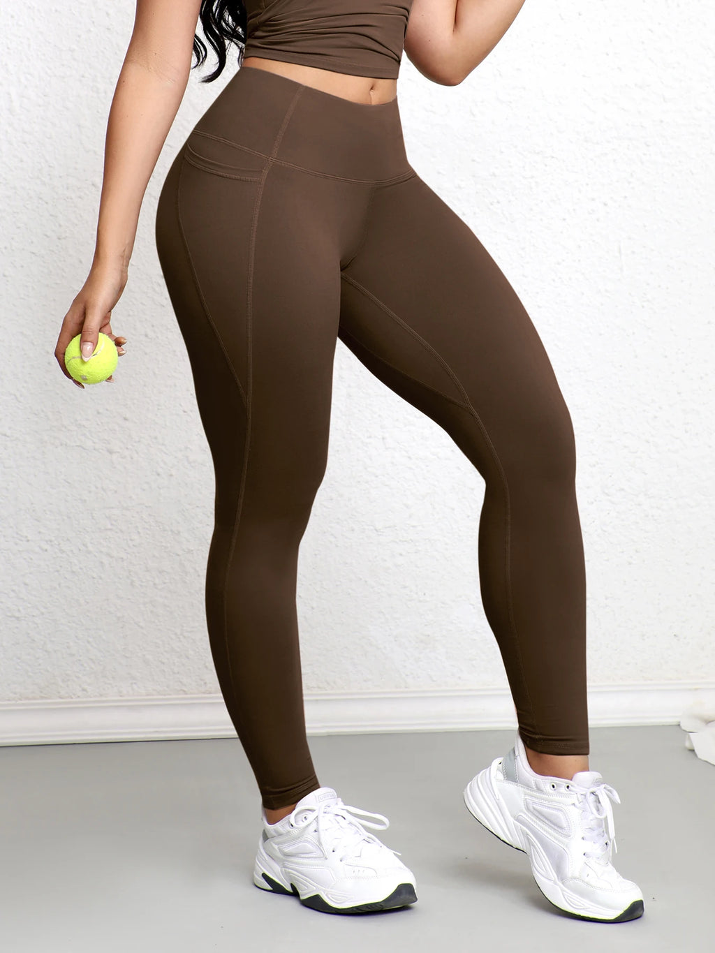 Women Leggings with Double Pockets Solid Color High Waist Butt Lifting Workout Tights Slim Elastic Pants Casual Wear