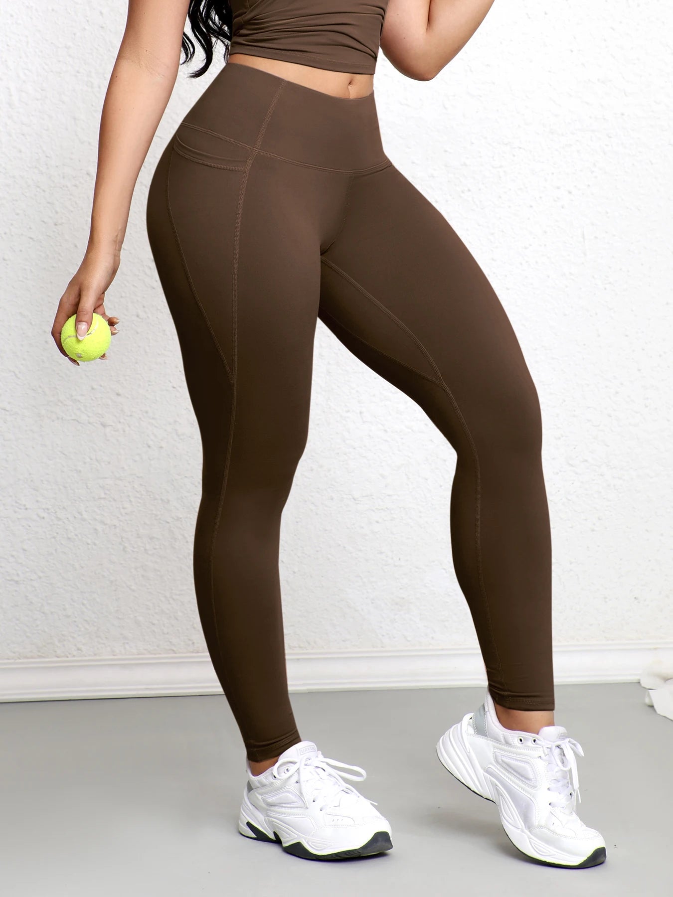 Women Leggings with Double Pockets Solid Color High Waist Butt Lifting Workout Tights Slim Elastic Pants Casual Wear