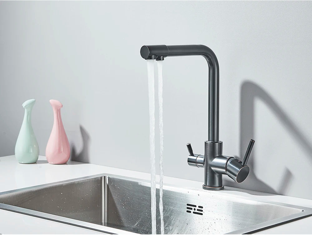 Chrome Purified Water Kitchen Faucet Pure Water Filter Deck Mounted Faucet Crane Dual Handles Hot Cold Water Mixer Taps