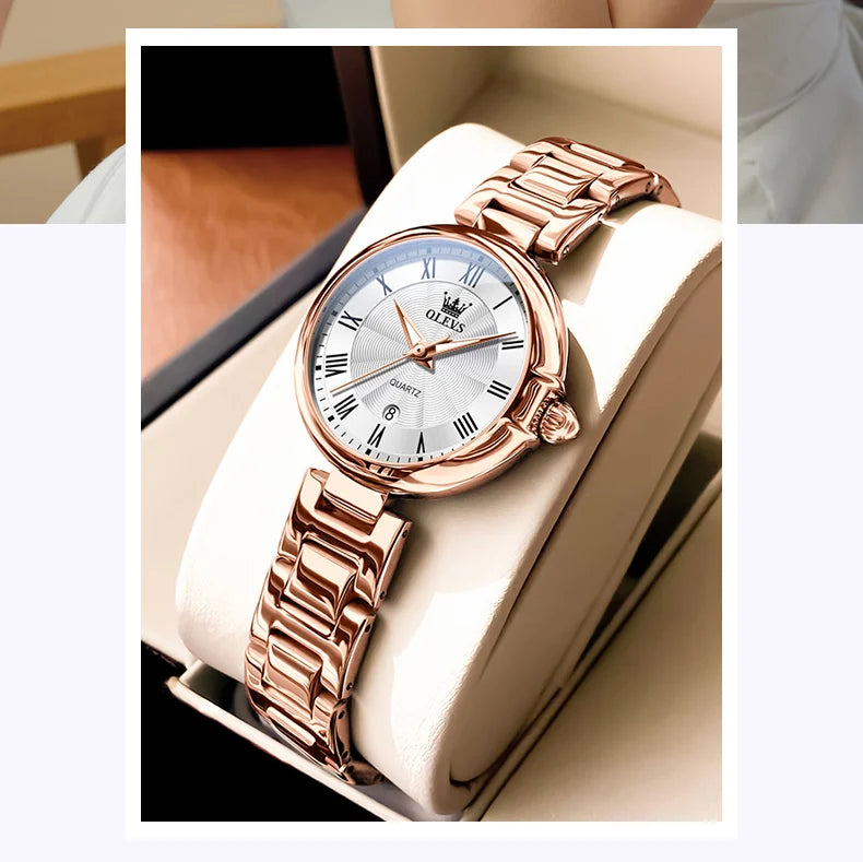 OLEVS 5608 Retro Style Quartz Watch for Women Elegant Steel Strap Auto Date Waterproof Luminous Luxury Ladies Wristwatch