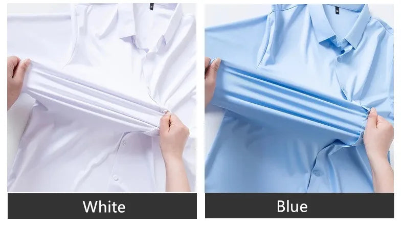 New Design Men's Solid Shirt Long Sleeve Autumn High Elasticity Casual Wrinkle Free No ironing Business Formal White Blue Social
