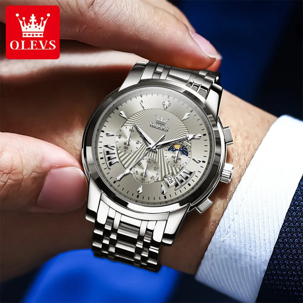 OLEVS 2892 Men Watch Original Quartz Watch Luxury Waterproof Luminous Calendar Moon Phase Chronograph Business Sports Men Watch