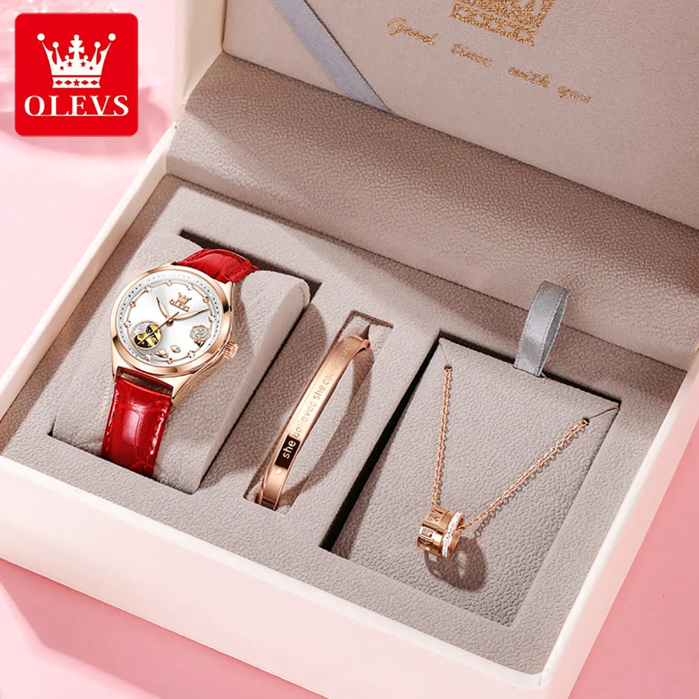 OLEVS 6601 Green Leather Strap Women Watch Automatic Mechanical Movement Waterproof Diamond Fashion Watch