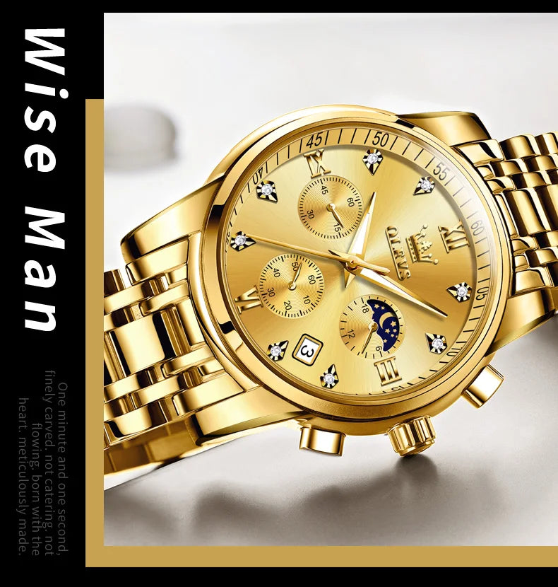 OLEVS 2858 Men's Watches Stainless Steel Waterproof Anti-Scratch Moon Phase Luminous Chronograph Luxury Quartz Men's Wristwatch