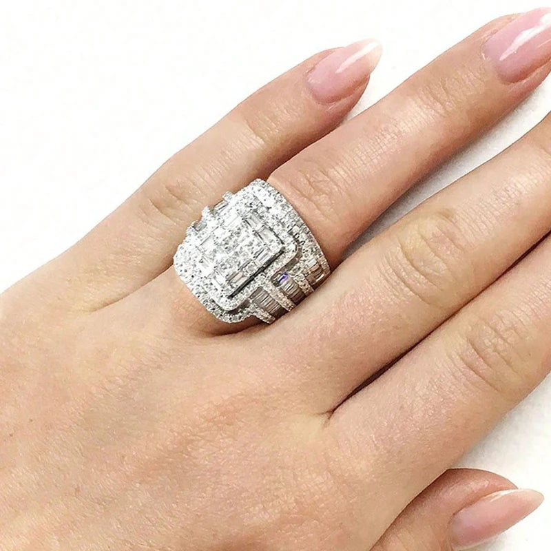 2pcs/set Luxury Exaggerated Ladies Sparkling Square Zirconia Ring Set for Bridal Wedding Valentine's Day Gift Eternity Jewellery